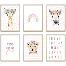 MeinBaby123® Poster Kinderzimmer | 6er Set DIN A4 Poster Set | Wandbilder | Safaritiere | Giraff, Zebra, Löwe | Deko Bilder Kinderzimmer | Babyzimmer Deko (Afrika Tiere rosa)