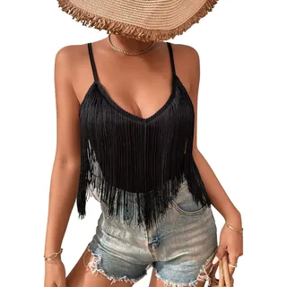Damen Tank Top Mit Fransen – Sexy Spaghetti Cami Oberteile Elegant Boho Kleidung V Ausschnitt Konzert Outfit Rave Shirts Ärmellose Shirt Sommer Unterhemd Clothes(Black,M,10742r)