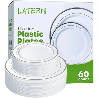 LATERN 60 Stück Mehrweg Silbernes Plastikgeschirr, 30 Stück 26cm Große Speiseteller + 30 Stück 19cm Salatteller, Wiederverwendbare Plastikteller für 30 Gäste Hochzeitstag Garden Dessert Party