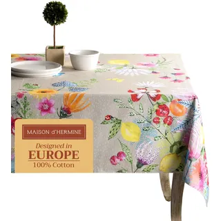 Maison d' Hermine Tischdecken, 100% Baumwolle, 160cm x 220cm dekorative, waschbare, quadratische Tischdecke, Oster-Tischdecke für Essen, Küche, Party und Camping, Jardin D'Ete - Fog – Frühling/Sommer
