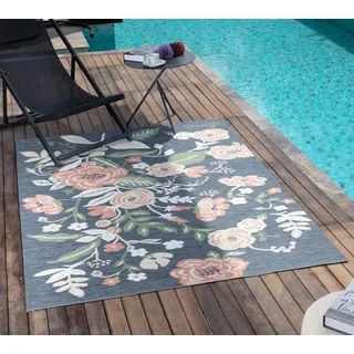 Surya Outdoor Teppich wetterfest, Florence - In und Outdoor Teppich für Balkon 200x275 cm, Terrasse, Garten, Küche - Outdoor Teppich Boho Style, Teppich für draußen - Teppich Dunkelblau, Rosa, Grün