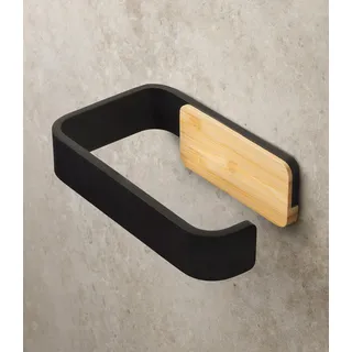 KAZAI. Toilettenpapierhalter ohne Bohren | Metall mit Echtholz-Bambus | Klopapierhalter zum Kleben | Klorollenhalter Bad | WC-Papier-Halterung | Schwarz, Bambus