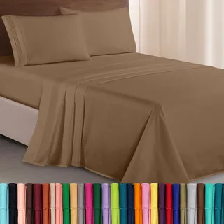 Elegant Comfort Luxuriöses 1500 Premium-Bettwäsche-Set aus Mikrofaser in Hotelqualität, dreireihig, Bestickt, weichstes 4-teiliges Bettlaken-Set, Knitter- und lichtbeständig, Queen, Taupe