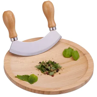 Relaxdays Wiegemesser mit Brett, einschneidige Klinge für Kräuter, mit Mulde, Edelstahl & Bambus, HxD: 2 x 20 cm, natur, Silber