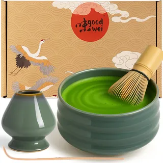 Goodwei Matcha Set komplett mit Matchabesen, Matcha Löffel und Matcha Schale aus Keramik mit Besenhalter im passenden Design | Kunstvoll gefertigte Zeremonieschale Chawan (Menouseki, 80)