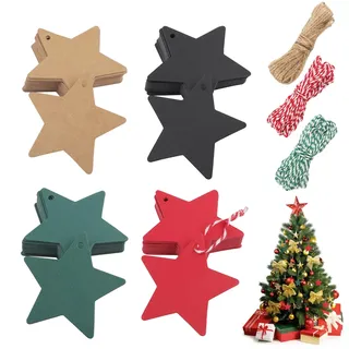 Geschenkanhänger Weihnachten, 160 Stück Weihnachtsanhänger, Kraftpapier Sterne, Geschenkanhänger Stern, Etiketten Weihnachten Mit Schnur Weihnachtsbäume Deko