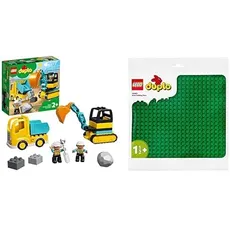 LEGO 10931 DUPLO Bagger und Laster Spielzeug mit Baufahrzeug für Kleinkinder ab 2 Jahren zur Förderung der Feinmotorik, Kinderspielzeug, Mehrfarbig & 10980 DUPLO Bauplatte in Grün, für DUPLO Sets