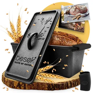 besok Brotbackform mit Deckel inkl. Rezeptheft - 28cm Gusseisen Backform Brot backen Zubehör - Kastenform Brot, Toastbrot Backform, Kasten Brotform, Auflaufform, Kastenform, Brotform eckig
