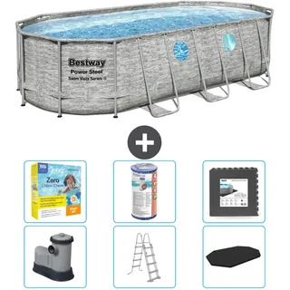 Bestway Oval Power Steel Swim Vista Swimmingpool – Steindruck – 549 x 274 x 122 – inklusive Pumpe – Leiter – Abdeckung Wartungspaket - Filter - Bodenfliesen