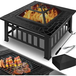 Kesser KESSER® Feuerstelle mit Grillrost & Grillzange Feuerschale 82x82x50cm, 3in1 Multifunktional Fire Pit für Heizung/BBQ Grill, Garten Terrasse , Metall Feuerkorb mit Schutzhülle Schürhaken Funkenschutz