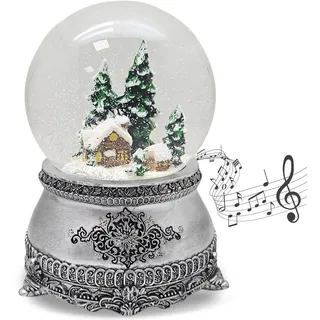 Schneekugel Weihnachten Musik | Hüttenzauber Berghütte | Sockel Zinnoptik | H: 14 cm, B: 10 cm | Spieluhr Weihnachten Winter mit Weihnachtsmelodie | 20318