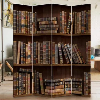 BAKAJI Paravent Raumteiler 4 Paneele Struktur aus Holz Bezug aus Leinwand mit Druck vorne Retro Bücherregal Antik Faltbar (180 x 160 cm)