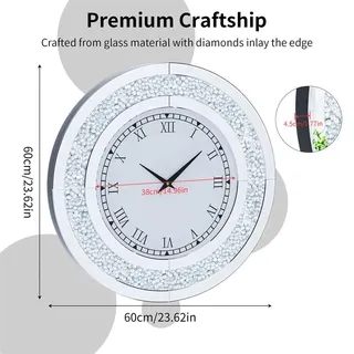 Große Spiegel Wanduhr - 60 cm runde Quarz Wanduhr - Crush Diamant Kristallrahmen - Modernes Design - Glas und Kristall - Für Wohnzimmer und Küche