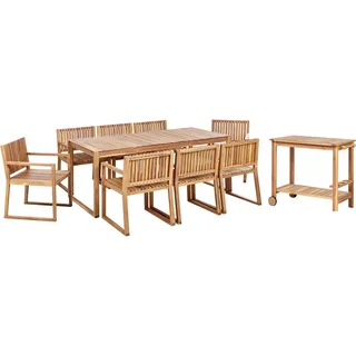 BELIANI Gartenmöbel Set 10-Teilig Hellbraun es Akazienholz Runstikal Modern Gartentisch 180x90 cm mit 8 Stühlen und Teewagen Terrasse - Braun