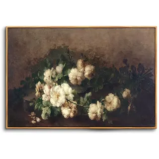 hyidecorart Vintage Leinwand Bilder mit Rahmen Holz, 60x90 cm Wandbilder Wohnzimmer Blume Weiß Bild Aesthetic, Wanddeko Schlafzimmer Gemälde Badezimmer Kunst Büro Zimmer Esszimmer Flur