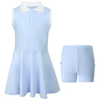 SPFASZEIV Tenniskleid Mädchen Tenniskleidung Kinder ärmellos Golf Polo Kleid Tennis Outfit mit Separaten Hose Taschen 7–8 Jahre Blau
