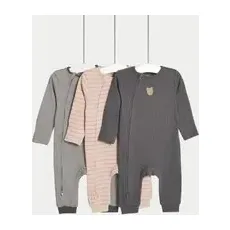 M&S Collection 3er-Pack Schlafanzüge aus reiner Baumwolle, mit Streifen und Bärenmotiv (3 kg-3 Jahre) - Grey Mix, Grey Mix, 0-3 M