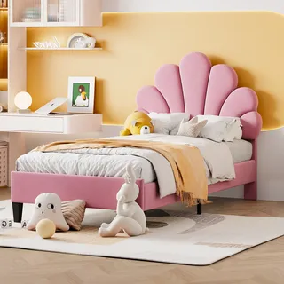 Flieks Polsterbett 90x200cm Samt mit Blumenform-Kopfteil und Lattenrost Einzelbett Kinderbett für Damen Kinder Jugend - Rosa