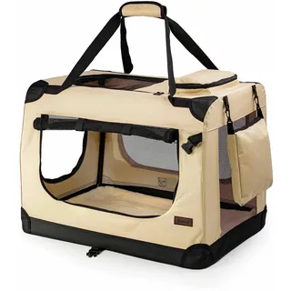 lionto Hundetransportbox faltbar für Reise & Auto, 82x58x58 cm, stabile Transportbox mit Tragegriffen & Decke für Katzen & Hunde bis 18 kg, robuste Hundebox aus Stoff für klein & groß, beige