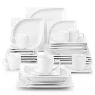 MALACASA, Serie Monica, Geschirrset für 6 Personen Kombiservice Porzellan Tafelservice 30-tlg mit je 6 Kaffeetassen, 6 Unterteller, 6 Dessertteller, 6 Tiefteller und 6 Flachteller
