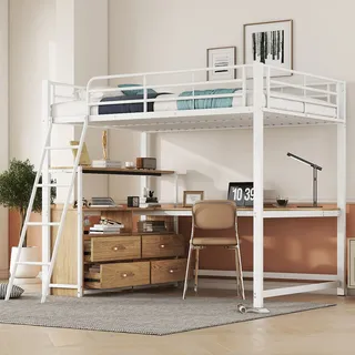 Flieks Etagenbett 140x200cm mit Schreibtisch, Hochbett mit Regal und Schublade, Kinderbett Metallbett Stockbett mit Lattenrost & Rausfallschutz - Weiß