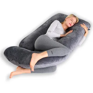 CALIYO Schwangerschaftskissen J Form,Stillkissen XXL-SeitenschläFerkissen mit Bezug,Pregnancy Pillow und Komfortkissen Erwachsene -Polsterung aus Baumwolle(Dunkelgrau,180×70cm)