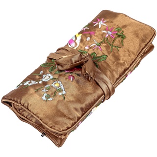 KYEYGWO Stickerei Reise Schmuckrolle mit Blumen und Vogel Stickerei, Chinesischer Schmuck Organizer Tragbare Rollenbeutel Schmucktasche für Halsketten Ring Armband Aufbewahrung, Braun