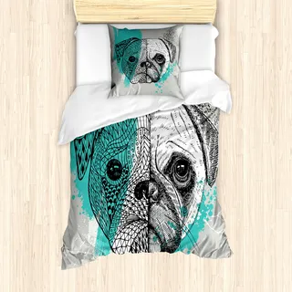 ABAKUHAUS Mops Mantele, Hand gezeichneter Kopf eines Hundes, Milbensicher Allergiker geeignet mit Kissenbezügen, 135 cm x 200 cm - 80 x 80 cm, Blau Schwarz Weiß - Blau