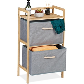 Relaxdays Badregal mit Wäschekörben, 1 offene Ablage & 2 Stoffkörbe, HBT: 76 x 43 x 27 cm, Standregal Bambus, Natur/grau, Pappe