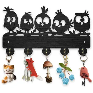 MAYJOYDIY Holz Eines Vogels Schlüsselhaken 30x17cm Natürlicher Nestling Schlüsselbrett Organizer Schwarzer Schlüsselhalter Mit 5 Haken Aus Legierung Für Den Eingangsbereich Haustür Flur