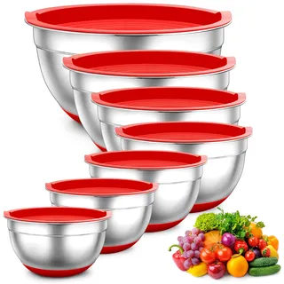 TEAMFAR Rührschüssel Set, 7 Stück Edelstahl Schüssel Salatschüssel Set mit Luftdichten Deckel und Silikonboden, Stapelbar & Spülmaschinenfest, 0,7L / 1,2L / 1,5L / 2,5L / 2,8L / 3,5L / 6,5L, rot