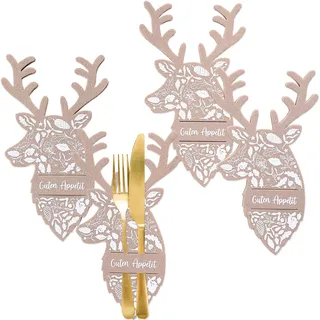 Papierdrachen Besteckhalter Weihnachten 2025 - Filz - Braun - Hirsch-Motiv - 4 Stück - hochwertiger Druck - edle & Festliche Tischdeko