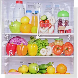 Wallario Design Wanduhr Offener gefüllter Kühlschrank aus Aluverbund, Größe 30 x 30 cm - Weiß