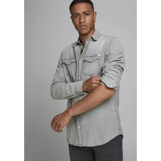 JACK & JONES Jeanshemd JACK & JONES "JJESHERIDAN im Workwear-Stil mit robuster Baumwollqualität", Herren, Gr. M, N-Gr, blau (light grau denim), Web, Obermaterial: 100% Baumwolle, schmal, Hemden Jeanshemd, unifarben, modisch, slim fit, Baumwolle, Hemdkragen, Topseller