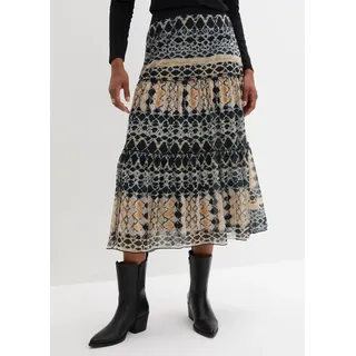 Stufenrock BONPRIX "Stufenrock", Damen, Gr. 36/38 (S), blau (nachtblau, kieselbeige bedruckt), Web, Obermaterial: 96% Polyester, 4% Elasthan. Futter: 100% Polyester, bedruckt, gemustert, loose fit 3/4-Länge, Röcke Stufenrock, aus leichtem Materialmix, mit elastischem Bund, lockerer Schnitt