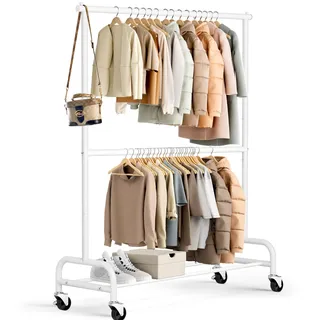 MISSLO Schwerlast Kleiderständer zum Aufhängen Kleiderständer Doppelstange Kleiderständer Rollschrank Kleiderständer auf Rollen, Metall, Verstellbar (Weiß)
