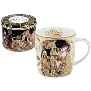 CARMANI - Porzellanbecher für Tee oder Kaffee in Metalldose Tee Kaffee Zucker Kanister Aufbewahrungsbox mit Deckel Gedruckt von Gustav Klimt "Der Kuss"