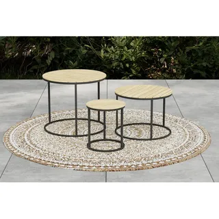 Ambia Garden Garten-Beistelltischset , Akaziefarben , Holz, Metall , 3-teilig , Akazie , massiv , rund , rund , 76x56x36 cm , Gartenmöbel, Gartentische, Balkontische