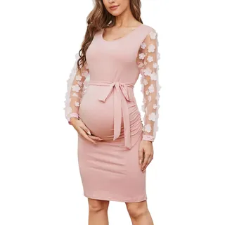 Umstandskleid, Midilänge, lange Rüschärmel floraler Netzstoff, figurbetontes Kleid für Babyparty