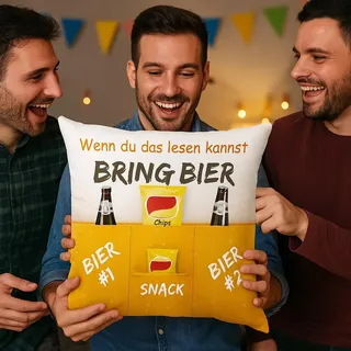 KAMACA Bierkissen mit 3 Taschen 43x43 cm – Flauschig gefülltes Kissen mit Spruch „Bring Bier“ – Lustiges Männer Geschenk für Vatertag, Junggesellenabschied, Geburtstag, Freunde & Gamer
