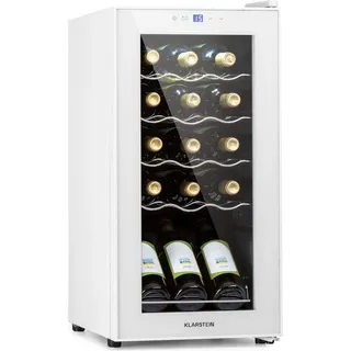 Klarstein Weinkühlschrank, 1 Zonen Getränkekühlschrank Klein, Freistehender Kleiner Weinschrank, 44L Wein-Kühlschrank mit Glastür, Indoor/Outdoor Flaschenkühlschrank, Wine Fridge 15 Flaschen - Weiß
