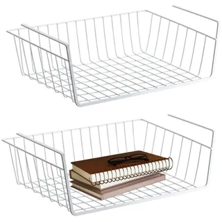 Unterregal Aufbewahrungskorb, 2 Stück Hängekorb Metall Hängekorb Regal Unter Schrank Hängekorb Metall Korb-Organizer Regaleinhängekorb für Küche, Büro, Speisekammer, Bad, Schrank (Weiß)