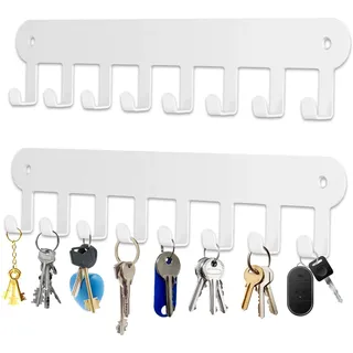 AIVORO Schlüsselbrett Mit 8 Haken - 2 Stück, Ohne Bohren, Weiß, Mit Klebestreifen, Wandlagerung, Kleben Oder Bohren, Key Holder