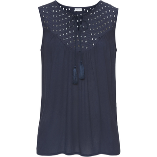 Blusentop LASCANA "mit Lochstickerei am Ausschnitt, leicht transparent", Damen, Gr. 40, blau (navy), Crêpe, Obermaterial: 100% Viskose. Spitze: 100% Baumwolle, unifarben, figurumspielend hüftlang, V-Ausschnitt, Blusen Blusentop, modische Damenbluse, ärmellose Bluse mit lockerer Passform, Boho-Stil, Topseller