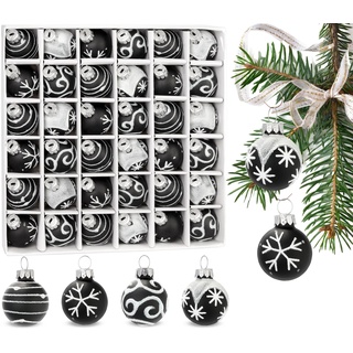 BRUBAKER 36-teiliges Set Weihnachtskugeln mit 3 cm Baumkugeln - Handbemalter Christbaumschmuck Mini Kugeln für Weihnachtsbaum und Weihnachtsdeko - Weihnachtsbaumkugeln aus Glas - Schwarz