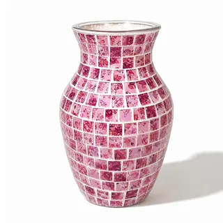 Mosaik Glasvase 20 cm, Blumenvase, Tischdeko, Rosa Blumen | Dekorative Glasvase mit Mosaikoptik in Rosa Blumen, 20 cm hoch; für Blumen, Zweige und stilvolle Tischdekoration.