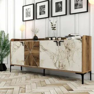 Dmora - Konsolentisch Deneb, Wohnzimmer-Sideboard, niedriger TV-Schrank, ausgestatteter Wandsockel, 180 x 35 h78 cm, Walnuss und weißer Marmor