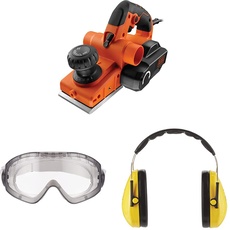 Black+Decker 750W Elektro-Hobel KW750K, mit Zubehör, inkl. 3MTM Schutzbrille für Werkzeugmaschinen 2890S, transparent und 3MTM PeltorTM OptimeTM Komfort-Kapselgehörschutz H510A (87 bis 98 dB)