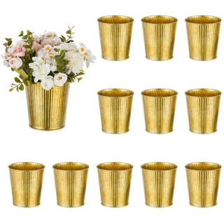 NUPTIO Kleine Vintage Vase Blumentopf: 12 Stück 13cm Verzinkt Metall Landhausstil Gold Blumenvase Pflanzentopf Garten Deko - Mini Rustikal Trompete Vasen Hochzeit Tischdeko