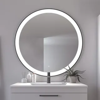 Loevschall Libra Badspiegel mit Beleuchtung, Smart Mirror mit Touch-Schalter, Schwarzer Rahmen, Spiegel Rund 100 cm, Badezimmer Spiegel mit 5 cm LED, Helligkeit Dimmbar, Warmweiß 3000K Licht